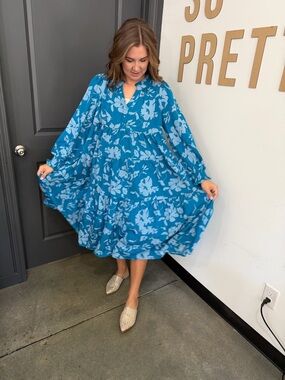 Umgee Teal Blue Floral Tiered Dress